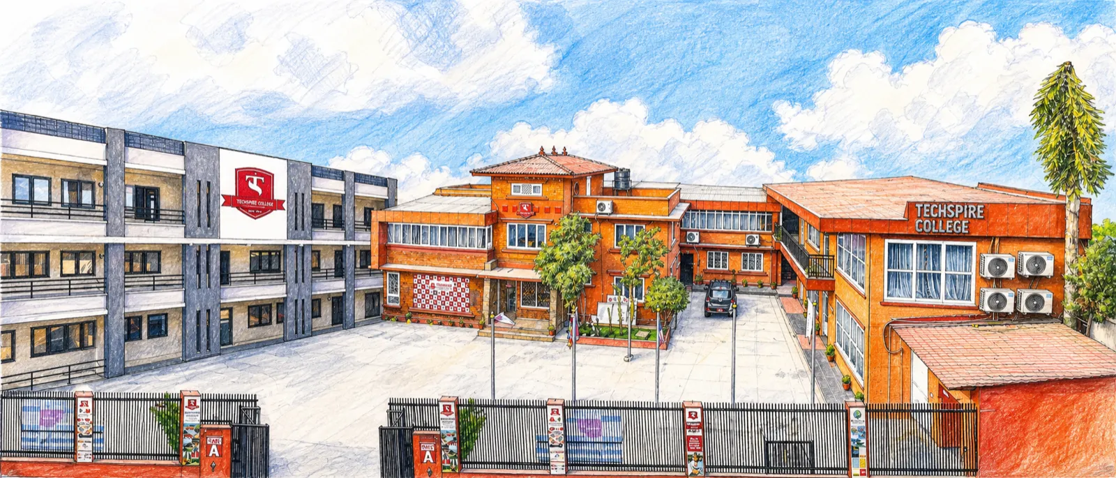 Hand-drawn sketch of Techspire College campus